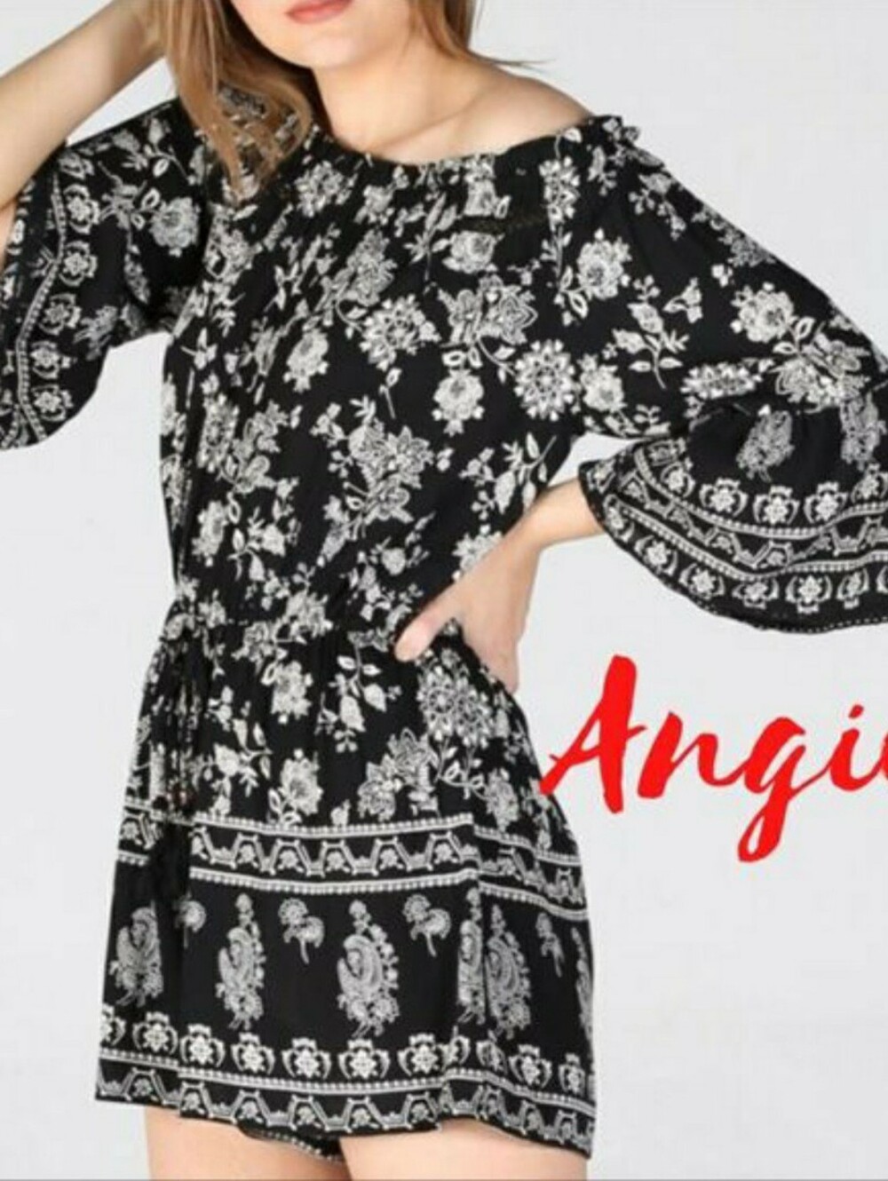 Angie black-and-white floral bohemian bell-sleeve romper Off Shoulder Medium A15